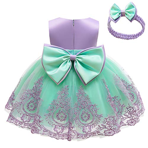 AVAZU 0-6T Easter Big Bowknot Pageant Lace Embroidery Dress Toddler Baby Girls Party Ball Gown Dress Tutu Gown Formal Dresses with Headwear Purple+Green 90