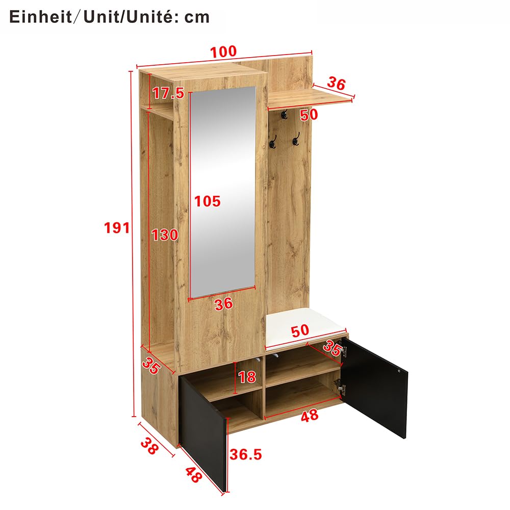 PUGSDRLY Ensemble de vestiaire Comprenant 5 patères 100L x 38 B x191 H, Un Miroir, Armoire à Chaussures, Armoire encastrée avec étagère supérieure, des tiroirs