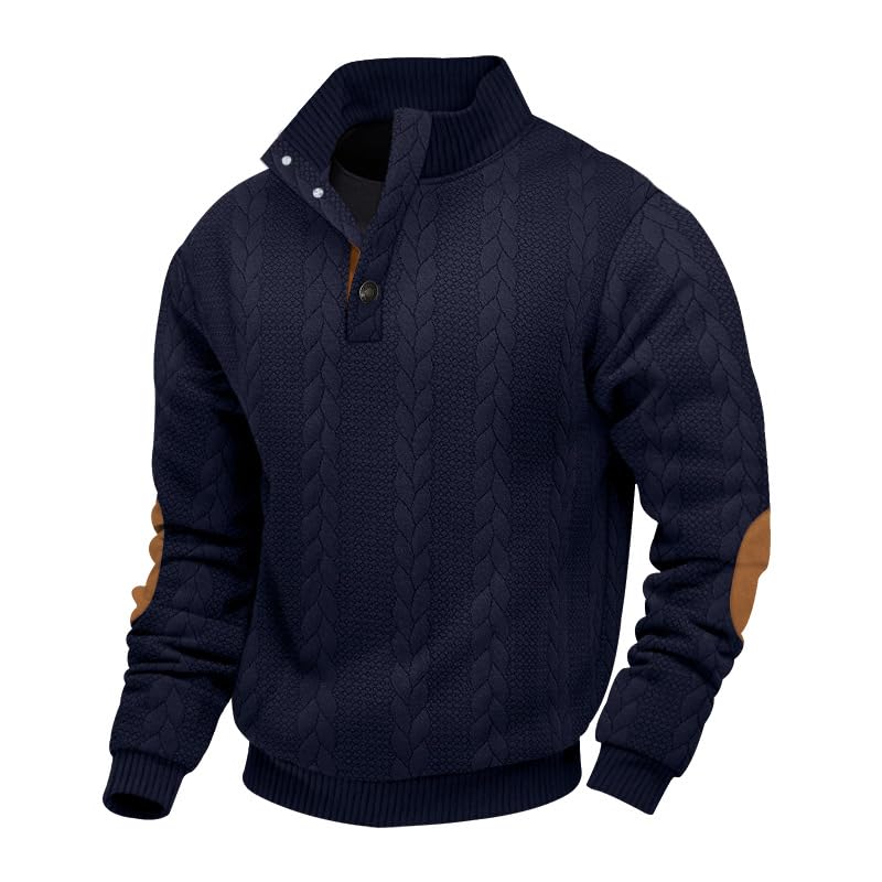 Kenhansion Men's Outdoor Casual Standing Collar Long Sleeve Jacquard Knit Pullover Sweatshirt Fashion Print Corduroy Sweater, Dark Blue 2, X-Large