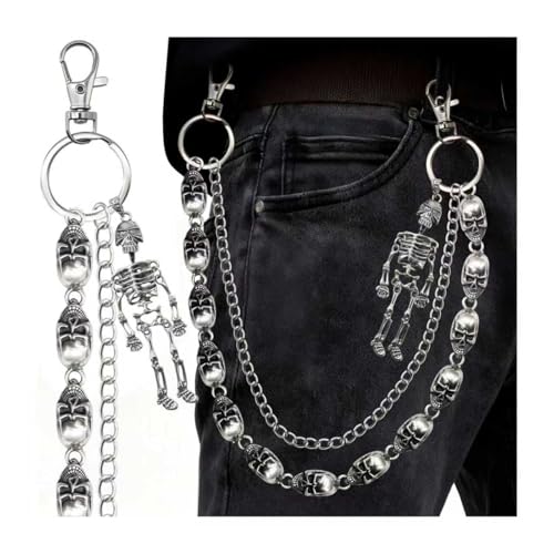 Chaîne de portefeuille homme Y2K motif tête de mort argenté double couche chaîne de pantalon