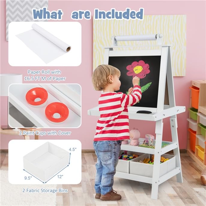 Image of GLACER All-in-One Double Sided Painting Easel for Kids with 2 Storage Bins, Paper Roll, Magnetic Whiteboard & Chalkboard, Gift for Boys & Girls (White)