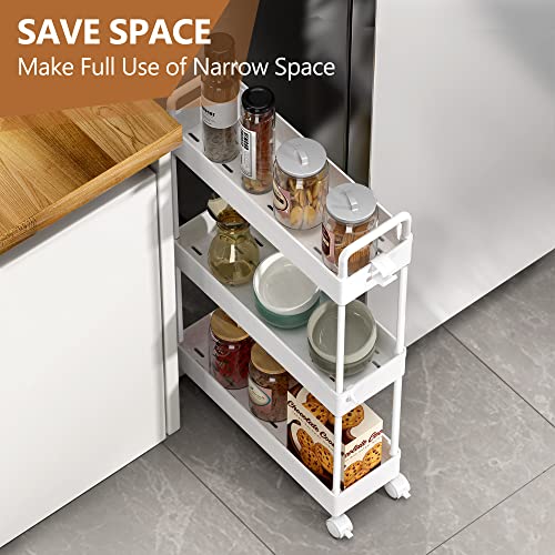 Solejazz Slim Storage Cart, 3 Tier Bathroom Cart Organizer Mobile Shelving Unit Rolling Utility Cart, Slide Out Organizer For Kitchen, Bathroom, Laundry, Narrow Places, White #TOP2