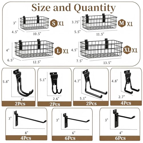 VDTEB 30 PCS Slatwall Hooks Accessories Set, 4 Pack Ventilated Metal Wire Slatwall Baskets and 26Pcs Multisized Heavy Duty Slat Wall Hook for Garage Workshop Room Storage Organization (Black-30Pcs) — view 2