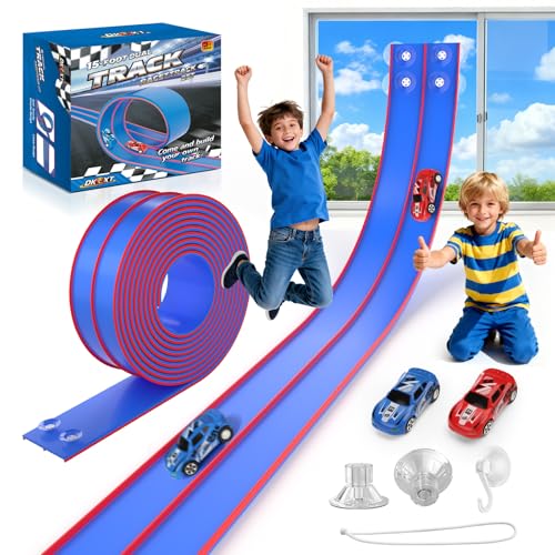 DKOXT Flexible Race Track for Kids - 15 Ft DIY Car Track Set with 2 Toy Cars & 3 Strong Suction Cup Ramps | Toys for Boys Girls Ages 3+ (Blue)