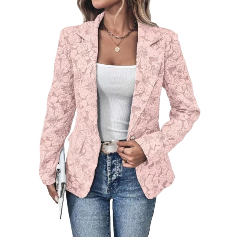 LCDIUDIU Blazer Jacquard Floral para Mujer, Beige, Corte Entallado, Chaqueta De Traje Retro Un Solo Botón, Solapa con Muesca, Blazer Ligero Manga Larga, Informal, para Trabajo, Oficina, Fiesta, BOD