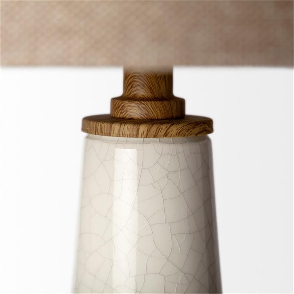 Pemberly Row Table Lamp, 28.5" H, White Crackled Ceramic Base with Wood Accents, Taupe Linen Shade, Bottle-Shaped Design, Compatible with 150-Watt Bulbs, Elegant Lighting for Living Room or Bedroom