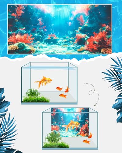 Image of Mindsoft 4 Pack Aquarium Background Polyester 11.8 x 11.8 Inch Cloth Fish Tank Background Undersea Corals Sunshines Rock Aquatic Plants Wallpaper with Double-Sided Tape