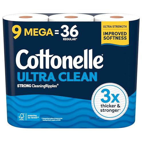 Cottonelle Ultra Clean Toilet Paper, 9 Mega Rolls = 36 Regular Rolls, Packaging May Vary