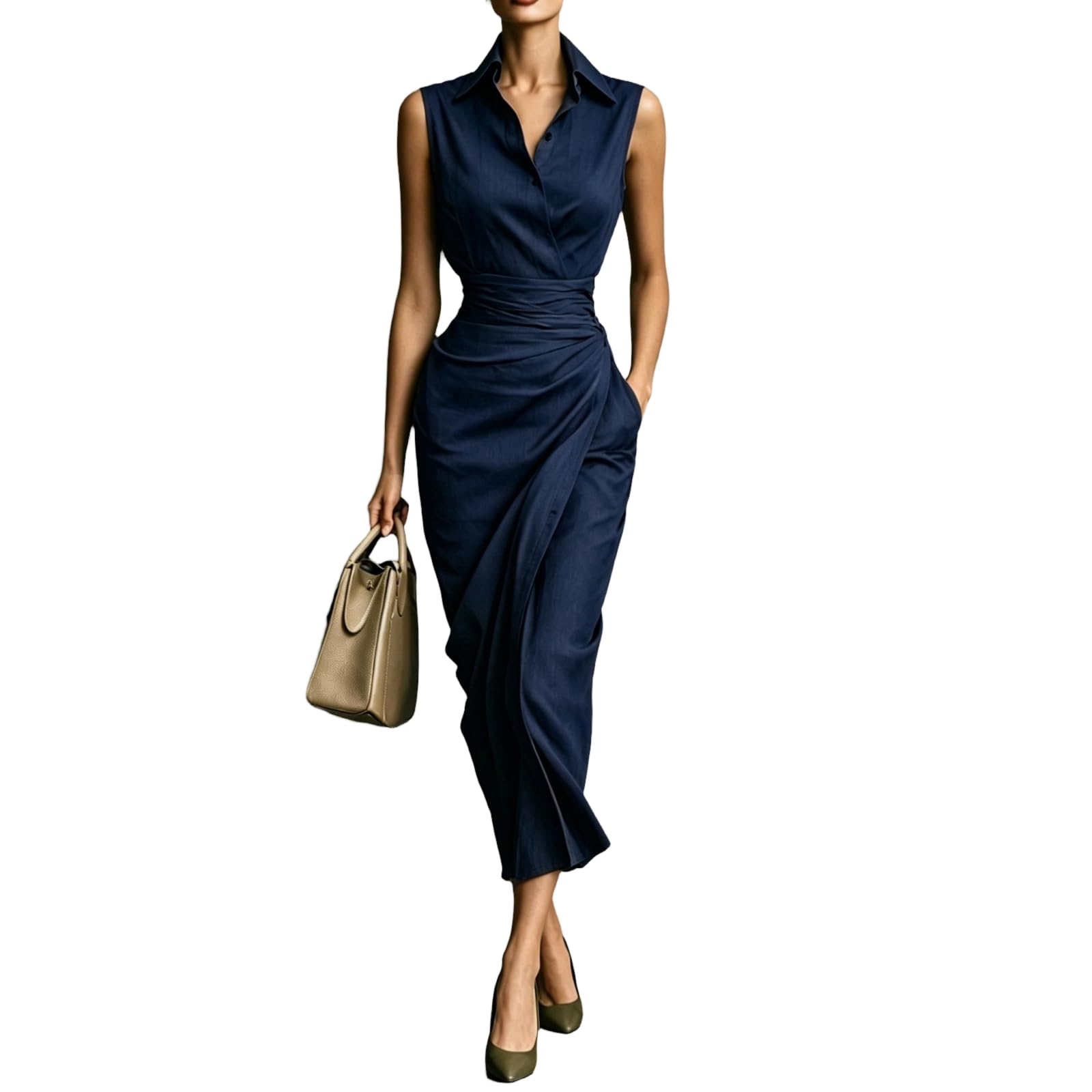 Vestido Midi Entallado para Mujer Mangas con Diseño Asimétrico Drapeado