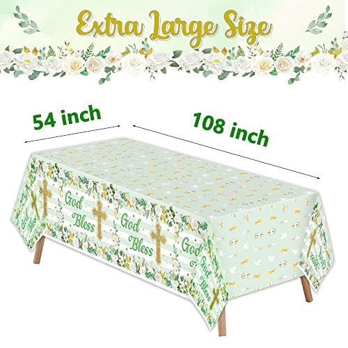 Image of God Bless Baptism Tablecloth - 3-Pack Green Baptism Table Cover Christmas Winter Xmas New Year Party God Bless Cross Religious Waterproof Rectangle First Communion Baby Shower(54x108 Inch)