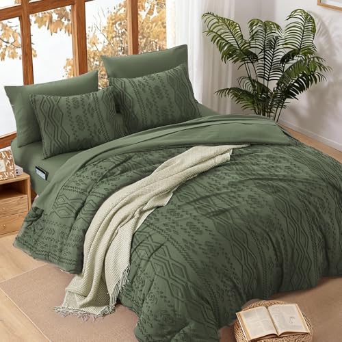 Image of WRENSONGE King Size Comforter Set with Sheets - 7 Pieces Olive Green Tufted Bed in a Bag King Shabby Chic Bedding Sets with 1 Comforter, 2 Sheets, 2 Pillowcases & 2 Shams