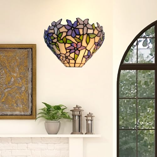 Image of Purple Flower Tiffany Style Wall Sconce, Classy Stained Glass Wall Light, Decorative 12 Inches Wall Light Fixtures for Hallway Stairway Bedroom (A)