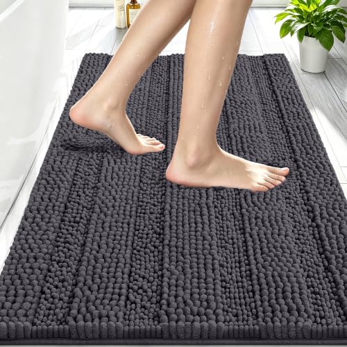 Image of Smiry Thick Chenille Bathroom Rugs 30x20, Absorbent Bath Mat, Dark Grey