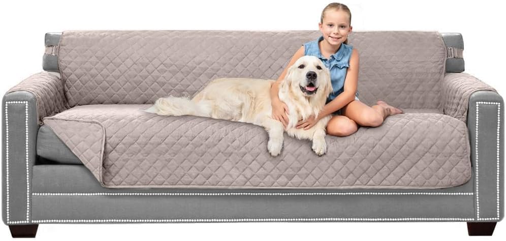 Sofa Shield Patented Couch Slip Cover, Large Cushion Protector, Reversible Stain and Dog Tear Resistant Slipcover, Quilted Microfiber 78” Seat, Washable Covers for Dogs Pets Kids, Light Taupe