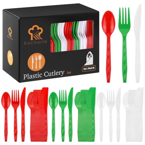 Kochorie 90 Pieces Christmas Plastic Cutlery Set, Red Green White