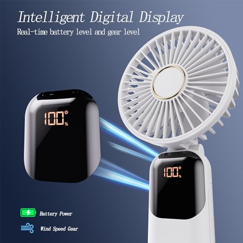Image of GOCKERA Portable Fan, 4200mAh Battery Operated Fan, 5 Speeds&Digital Display, Makeup Fans for Women with Base, 180Foldable 3in1 Handheld /Neck /Desk Fan for Outdoor Indoor,Ultra Quiet (White)