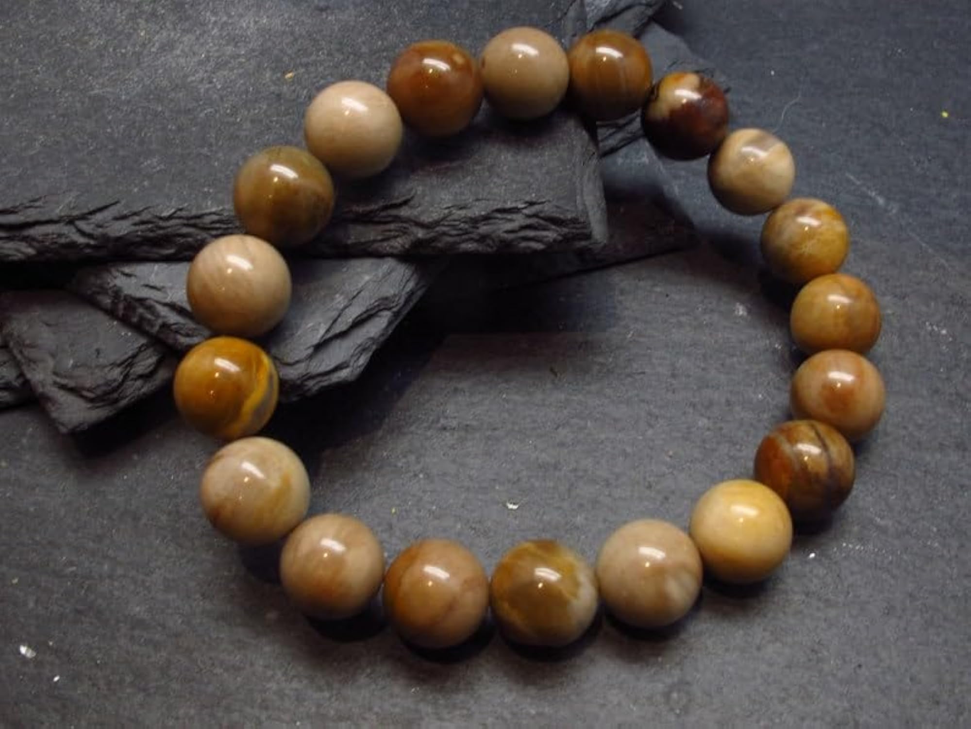 Unisex Natural Petrified Wood 10mm Bead Stretchable Bracelet, Healing