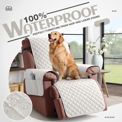 Image of KinCam 100% Waterproof Recliner Chair Cover, Reclining Couch Covers for Pets, Dogs, Recliner Couch Slipcover Furniture Protector with Elastic Straps for Kids(23.6 inch, Beige White)