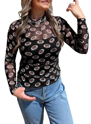 Essrite Womens 2026 Game Day Outfits Mesh Top Mock Neck Long Sleeve Slim Fit See Through Graphic Sporty Shirt Blouses Tops Black Football XL