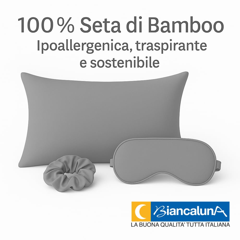 BIANCALUNA | Beauty Box Clara |Set in Seta di Bamboo Federa - Elastico - Mascherina | Ipoallergenico | Traspirante | Sostenibile | Elegante | Morbido | 100% Seta di Bamboo (GRIGIO)