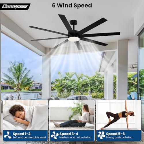 Image of Conciseer Modern 72 Inch Ceiling Fans with Lights and Remote, Dual Color 8 Blades,Living Room Office Library Cafe Outdoor Industrial, 24W 3CCT 6 Speed Reversible Quiet DC Motor, Black /Wood Grain