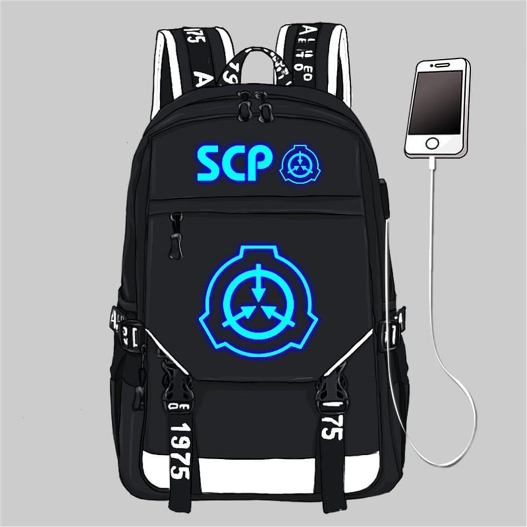 SCP Anime Luminous Laptop Backpack Rucksack Travel Sports Casual Daypack with USB Charging Port Black / 4