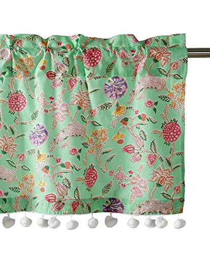 Image of Ravaiyaa - Attitude is everything Hand Printed Half Window Kitchen Curtain 100% Cotton Short Drapery Valance 40 X 18 Inch (Green Floralsemi Sheer, Rod Pocket)