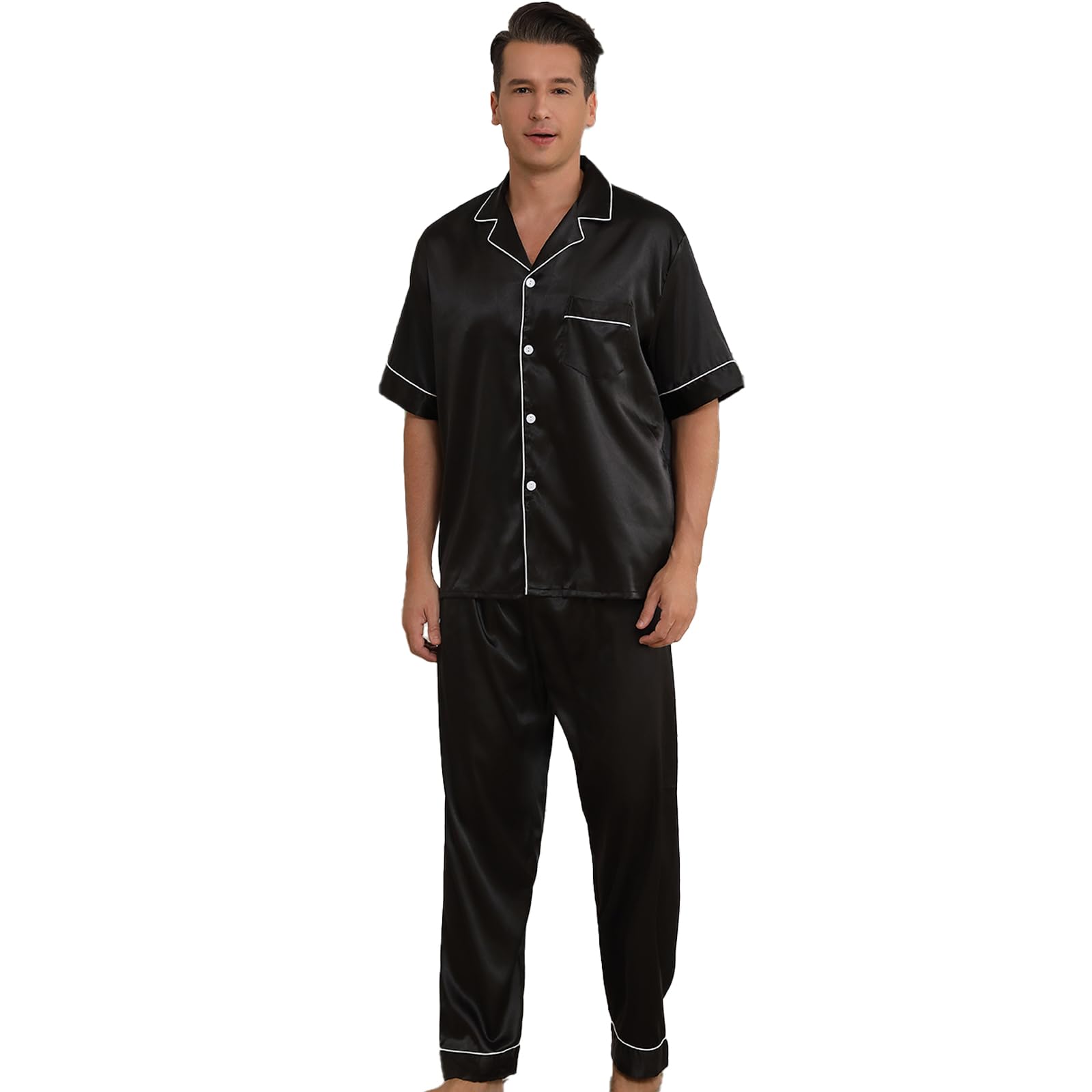 LANMAIGUO Mens Silk Satin Pajamas Sets,Short Sleeves and Pants Button Down Satin Pajama,Silk Satin Pocket Pajama Sets for Men
