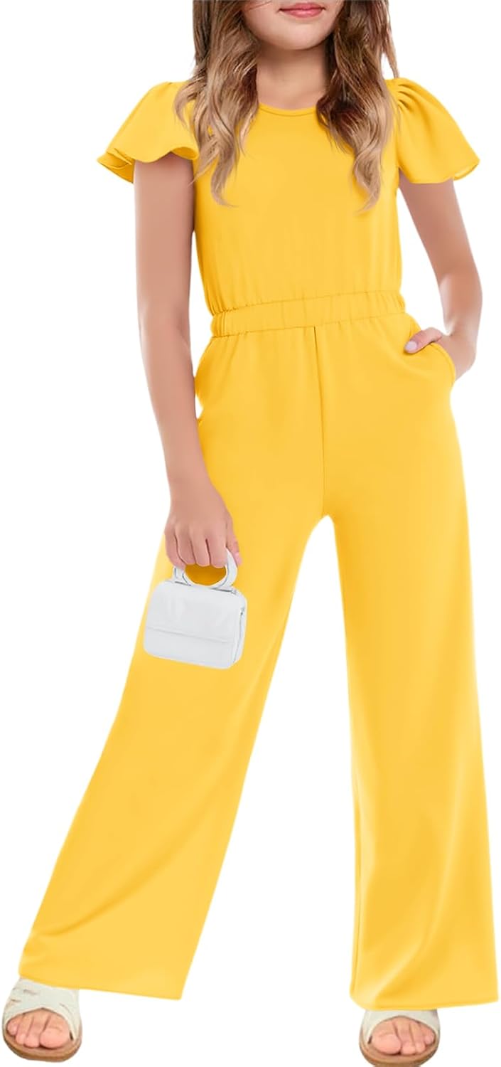Haloumoning Girls Jumpsuit Kids Fashion Ruffle Cap Sleeve Wide Leg Rompers One Piece Outfits with Pockets