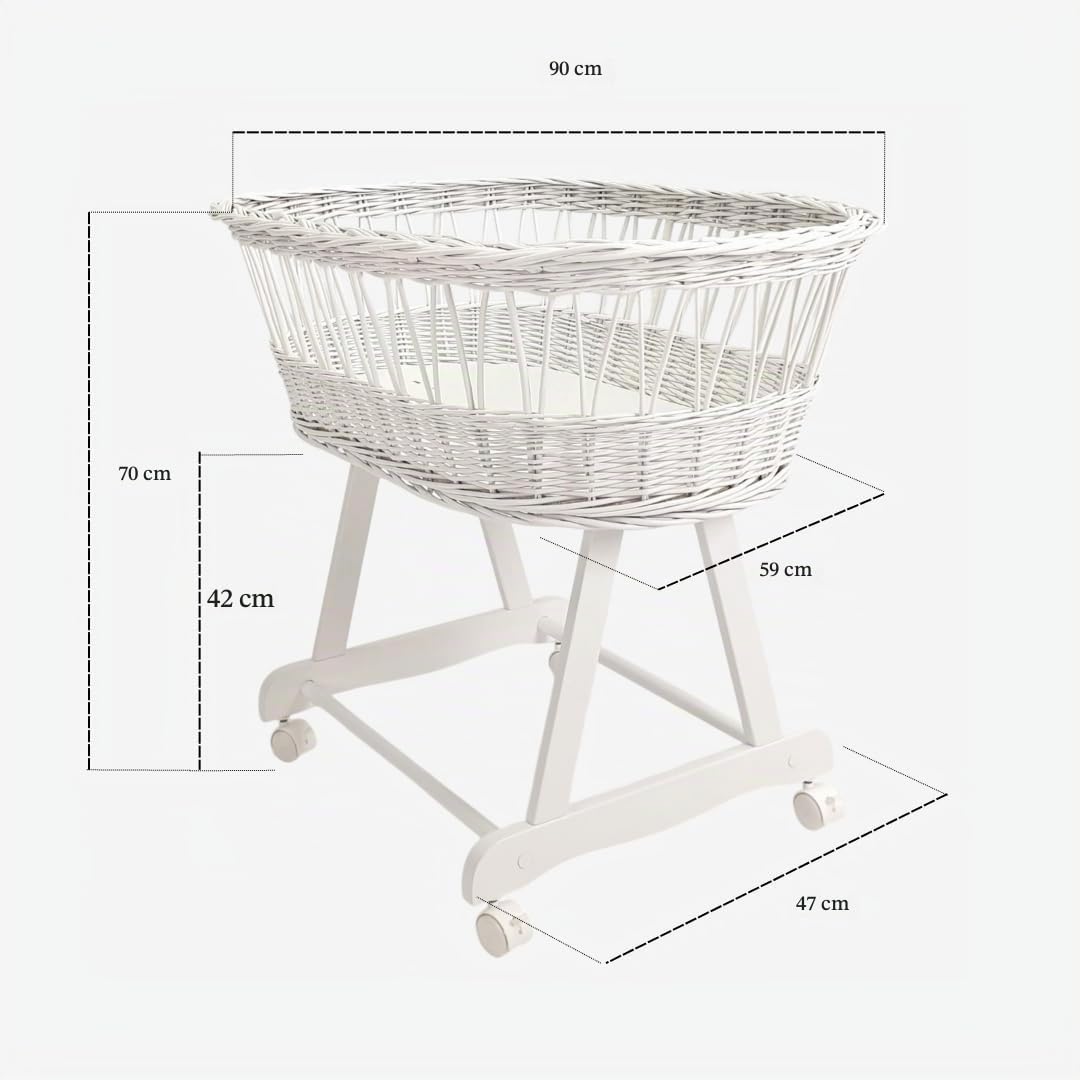Wiklinopol Culla Amelia – Cestino Moses bianco intrecciato a mano con struttura e materasso – Set biancheria Teddy 5 pz. Bianco – Portatile con ruote – Ideale per neonati