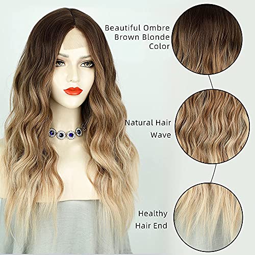 Lativ Long Wavy Wig For Women Ombre Brown Wigs Middle Part Curly Synthetic Hair Natural Looking Dark Roots Heat Resistant Fiber For Daily Party Use #TOP2