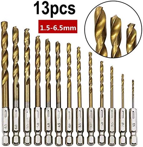 LESOLEIL HSS Twist Drill Bit Set 13Pcs- Titanium Coated Hex Shank Drill Bits 1.5-6.5mm for Metal, Wood, Plastic