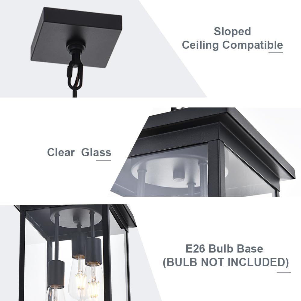 3-Lights Outdoor Pendant Lights, Large Black Exterior Ceiling Hanging Lanterns with Adjustable Chain, Modern Porch Pendant Lighting Fixtures for Front Door Entryway, E26 Bulb Base
