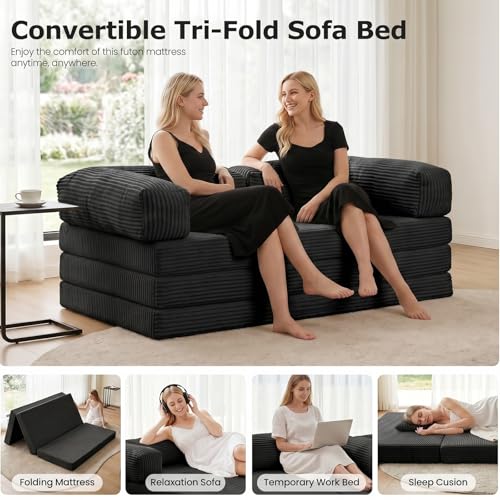 Image of Convertible Sofa Bed, Tri-Fold Foldable Mattress with Removable Arms & Washable Cover, Portable Mattress Futon Sofa Bed, No Assembly Required & Non-Slip, Queen Size, Black