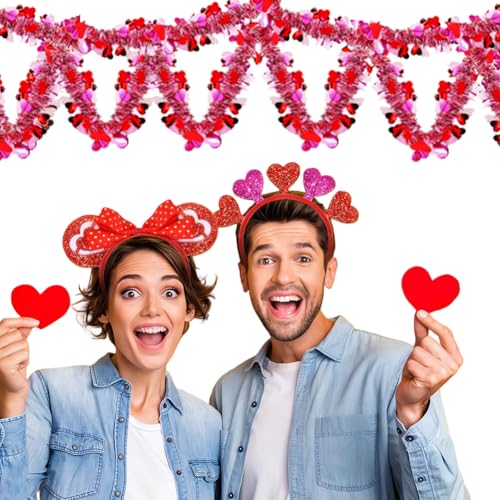 Image of 2Pcs Valentine's Day Tinsel Garlands 66FT Metallic Fringe Garland with Pink Hearts Glitter Streamers for Wedding, Engagement, Anniversaries, Romantic Love Valentines Day Decorations