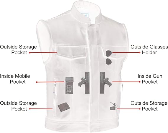 A&H Apparel Mens Genuine Cowhide Leather Biker Vest Motorcycle Gear Concealed Carry Pockets Sleeveless Motorwear