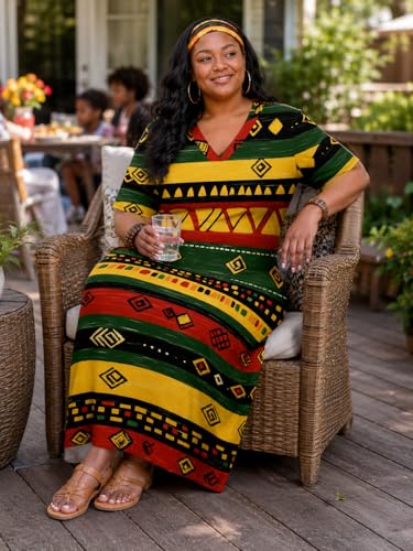 Image of Plus Size Maxi Dress for Women Short Sleeve V Neck Casual Loose Sundress with Pockets