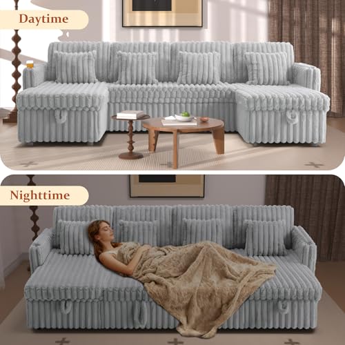 Image of 107'' Sectional Sleeper Sofa with Pull Out Bed, Storage Chaise, Adjustable Backrest, USB Charger, Cup Holder & Side Pocket, Fluffy Soft Corduroy U Shaped Couch for Living Room, Cloud Grey