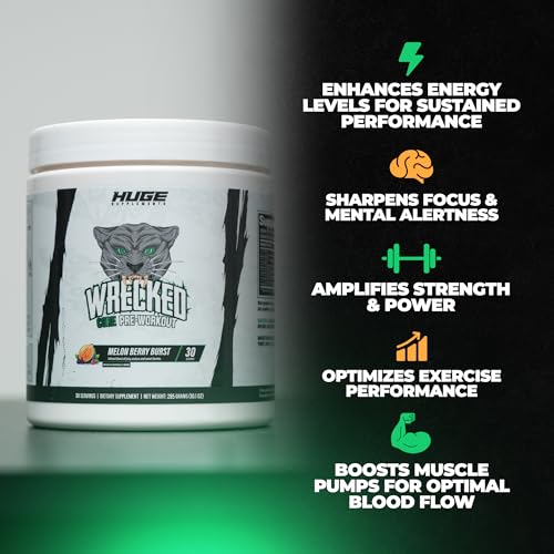 Image of Wrecked Core - All-in-One Pre-Workout Supplement for Men & Women, Increase Energy, Focus & Pumps with L-Citrulline, Beta-Alanine, L-Tyrosine & More (30 Servings) (Melon Berry Burst)