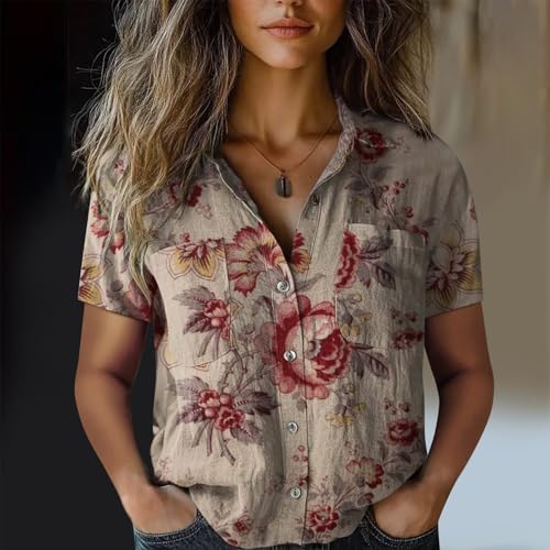 Women Gauze Tunic Tops 2025 Women Cotton Shirt Printed V Neck Button Down Shirts Casual Tops Short Sleeve Blouse3