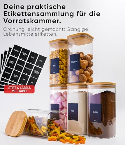 Foto von Deco haus® Vorratsgläser mit Deckel eckig 6er Set [+ETIKETTEN] - Vorratsdosen Glas mit Deckel luftdicht - Vorratsglas mit Holzdeckel - Müsli Aufbewahrungsgläser - Glasbehälter Vorratsbehälter