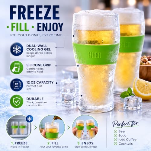Image of Frozen Pint Beer Glasses, Dual-Wall Freezable Cooling Mugs, Set of 2, 12 oz