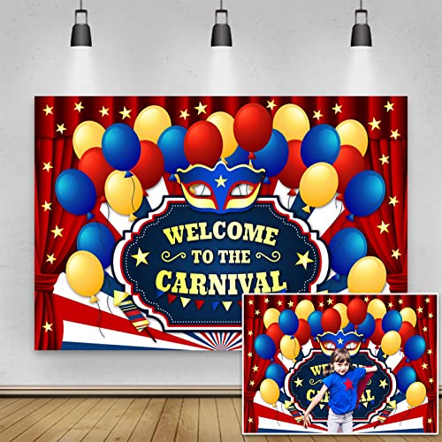 Yeele 15x10ft Carnival Party Backdrop Welcome to The Carnival Background for Photography Blue Yellow Balloons Red Curtain