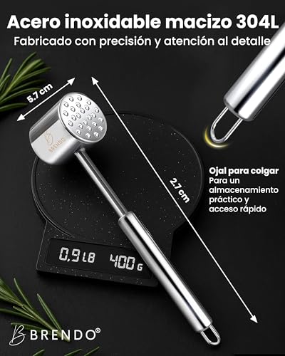 Miniatura 8 de Brendo Machacador De Carne Premium De Acero Inoxidable Doble Cara Con Superficie Plana Y Dentada Para Todo Tipo De Carne Incluye Recetario En Ebook Apto Para Lavavajillas Mazo Para Filetes