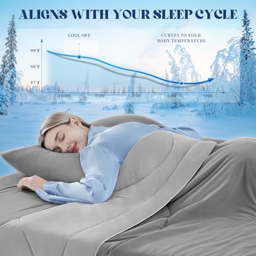 Image of Cooling Comforter Queen Size, Double-Sided Cooling Blanket for Hot Sleepers & Night Sweats, Arc-Chill Q-Max > 0.4 Breathable Ice Blanket, Lightweight Cold Comforter (80''x90'', Light Grey)