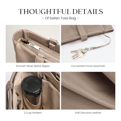 Image of befen Genuine Leather Work Tote Bag for Women with 15 inch Compartment | Real Leather, 15 inch Laptop Sleeve, Trolley Strap, Zipper, Cup Holder