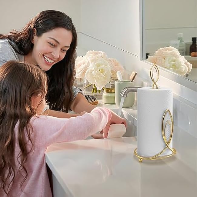 Candle Shaped Paper Towel Holder, Countertop-Decorative Farmhouse Tissue Paper roll Holder, Rustic Metal Modern Stand for Kitchen Bathroom Rest Room (Brass)