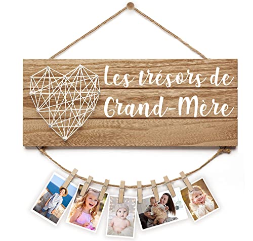 Cadre Photos en Bois à Suspendre | Idée Cadeau Unique et personnalisé pour Fête des Grands-Mères | Accrochez Vos Plus Belles Photos et Cartes Postales |...