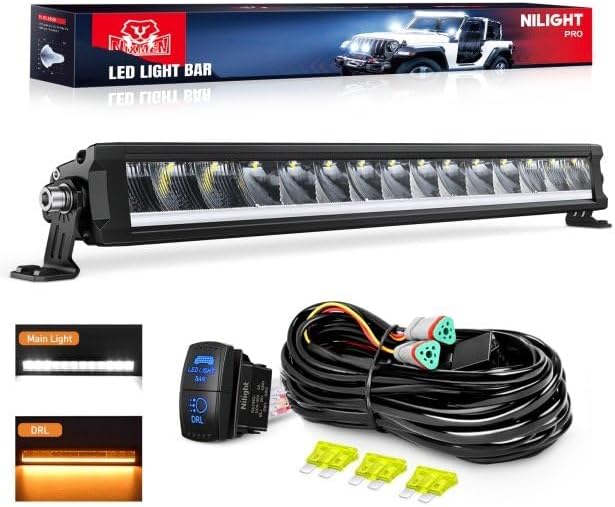 Nilight LED Light Bar with Amber DRL 19.5 Inch 75W Single Row Offroad Light Anti-Glare Flood Spot Combo Slim Light Bar IP68 w/ 16AWG DT Wiring Kit for Pickup Truck SUV ATV UTV Boat 4x4 Jeep 19.5Inch DRL Light +Wiring Kit Amber DRL