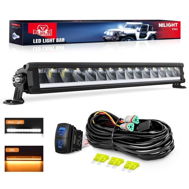 Image of Nilight LED Light Bar with Amber DRL 19.5 Inch 75W Single RowLight | Offroad Light Anti-Glare Flood Spot Combo Slim Light Bar IP68 w / 16AWG DT Wiring Kit for Pickup Truck SUV 4x4 Jeep